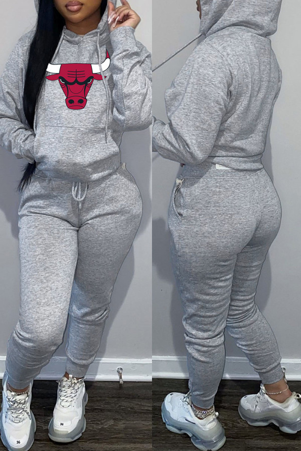 Grey Fashion Casual Print Basic Hooded Collar Long Sleeve Two Pieces