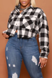 Red Casual Street Plaid Print Patchwork Buckle Turndown Collar Tops