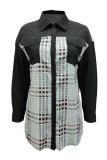 Black Street Plaid Print Patchwork Pocket Buckle Turndown Collar Dresses
