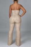Apricot Fashion Sexy Patchwork Sequins Backless Strapless Regular Jumpsuits