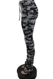 Army Green Casual Print Camouflage Print Patchwork Slit Fold Regular High Waist Pencil Full Print Bottoms