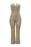 Apricot Fashion Sexy Patchwork Sequins Backless Strapless Regular Jumpsuits