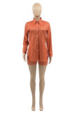 Red Fashion Casual Striped Print Basic Turndown Collar Long Sleeve Two Pieces