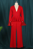 Red Fashion Casual Solid Patchwork V Neck Regular Jumpsuits