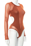 Brown Sexy Solid Mesh O Neck Skinny Bodysuits