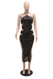 Black Fashion Sexy Patchwork Sequins See-through Backless Halter Sleeveless Dress Dresses