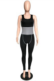 Black Casual Sportswear Striped Patchwork O Neck Skinny Jumpsuits