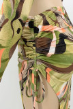 Multicolor Sexy Print Patchwork Frenulum Backless Fold Asymmetrical O Neck Irregular Dress Dresses
