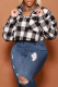 Black And White Casual Street Plaid Print Patchwork Buckle Turndown Collar Tops