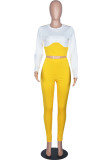 Yellow Fashion Casual Solid Patchwork O Neck Long Sleeve Two Pieces