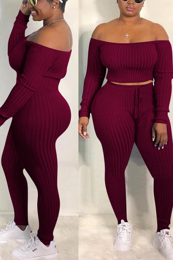Wine Red Street Print Patchwork Bateau Neck Long Sleeve Two Pieces