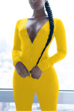 Yellow Casual Living Solid Embroidered V Neck Skinny Jumpsuits