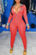 Red Fashion Street Print Patchwork Turndown Collar Jumpsuits