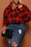 Red Casual Street Plaid Print Patchwork Buckle Turndown Collar Tops