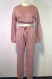 Pink Fashion Casual Solid Basic O Neck Long Sleeve Two Pieces