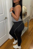 Black Casual Sportswear Striped Patchwork O Neck Skinny Jumpsuits