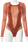Brown Sexy Solid Mesh O Neck Skinny Bodysuits
