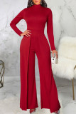 Burgundy Casual Solid Patchwork Half A Turtleneck Straight Jumpsuits
