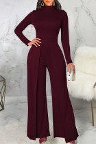 Burgundy Casual Solid Patchwork Half A Turtleneck Straight Jumpsuits