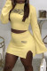 Shallow Yellow Fashion Casual Letter Print Slit O Neck Long Sleeve Two Pieces