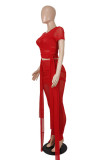 Red Sexy Solid Bandage Patchwork See-through O Neck Short Sleeve Two Pieces