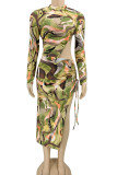 Multicolor Sexy Print Patchwork Frenulum Backless Fold Asymmetrical O Neck Irregular Dress Dresses