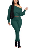 Green Fashion Daily Adult Solid Split Joint Oblique Collar Long Sleeve One Shoulder Regular Two Pieces