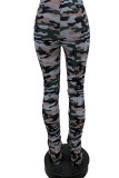 Army Green Casual Print Camouflage Print Patchwork Slit Fold Regular High Waist Pencil Full Print Bottoms