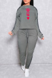 Grey Casual Print Patchwork O Neck Long Sleeve Two Pieces