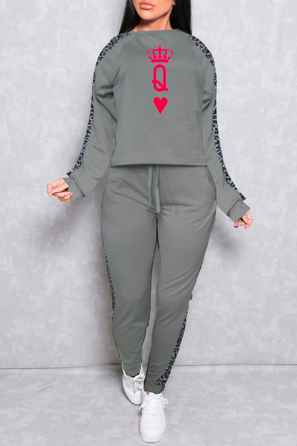 Grey Casual Print Patchwork O Neck Long Sleeve Two Pieces