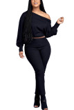 Black Fashion Daily Adult Solid Split Joint Oblique Collar Long Sleeve One Shoulder Regular Two Pieces