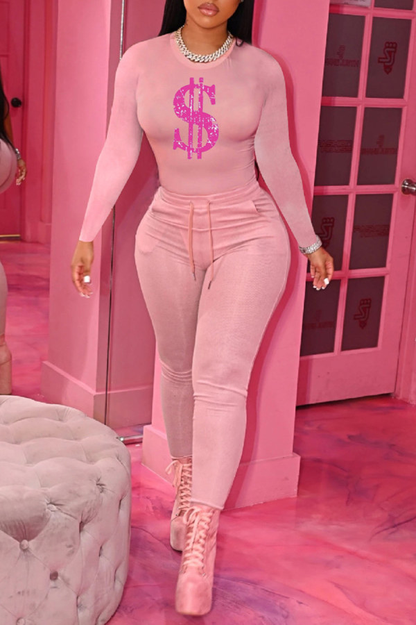 Pink Fashion Casual Print Basic O Neck Long Sleeve Two Pieces