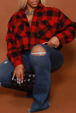 Red Casual Street Plaid Print Patchwork Buckle Turndown Collar Tops