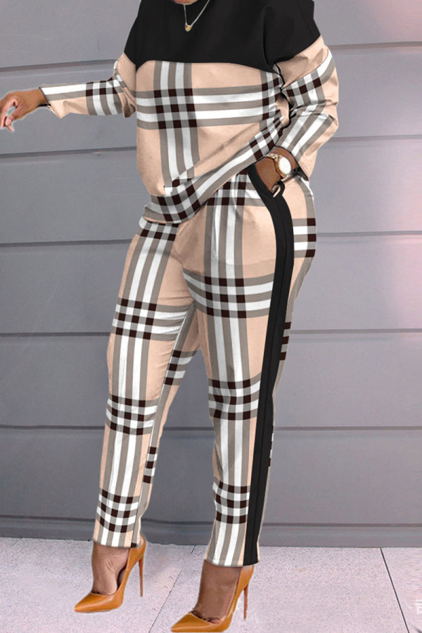 Brown Fashion Casual Print Patchwork O Neck Long Sleeve Two Pieces