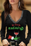 Black Fashion Casual Print Patchwork V Neck Tops