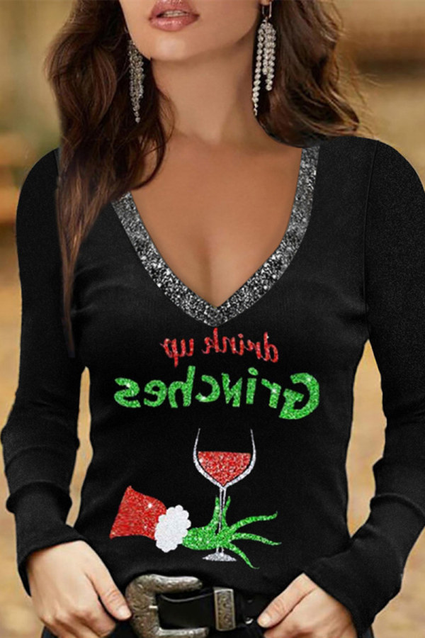 Black Fashion Casual Print Patchwork V Neck Tops