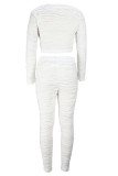 White Fashion Casual Solid Bandage V Neck Long Sleeve Two Pieces