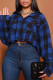 Blue Casual Street Plaid Print Patchwork Buckle Turndown Collar Tops