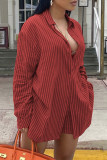 Red Fashion Casual Striped Print Basic Turndown Collar Long Sleeve Two Pieces