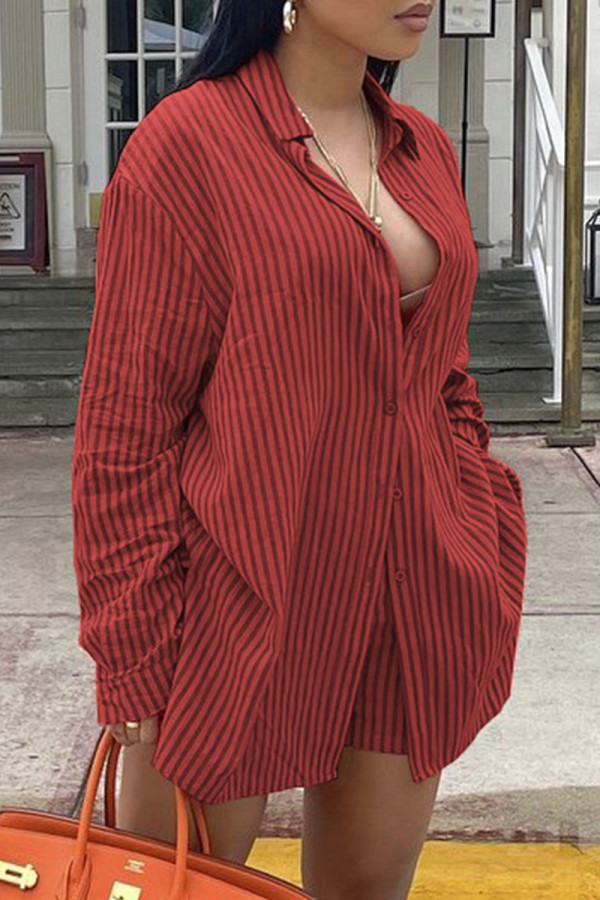 Red Fashion Casual Striped Print Basic Turndown Collar Long Sleeve Two Pieces