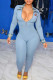 Sky Blue Fashion Street Print Patchwork Turndown Collar Jumpsuits
