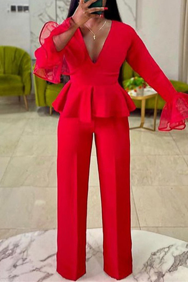 Red Fashion Casual Solid Patchwork V Neck Regular Jumpsuits