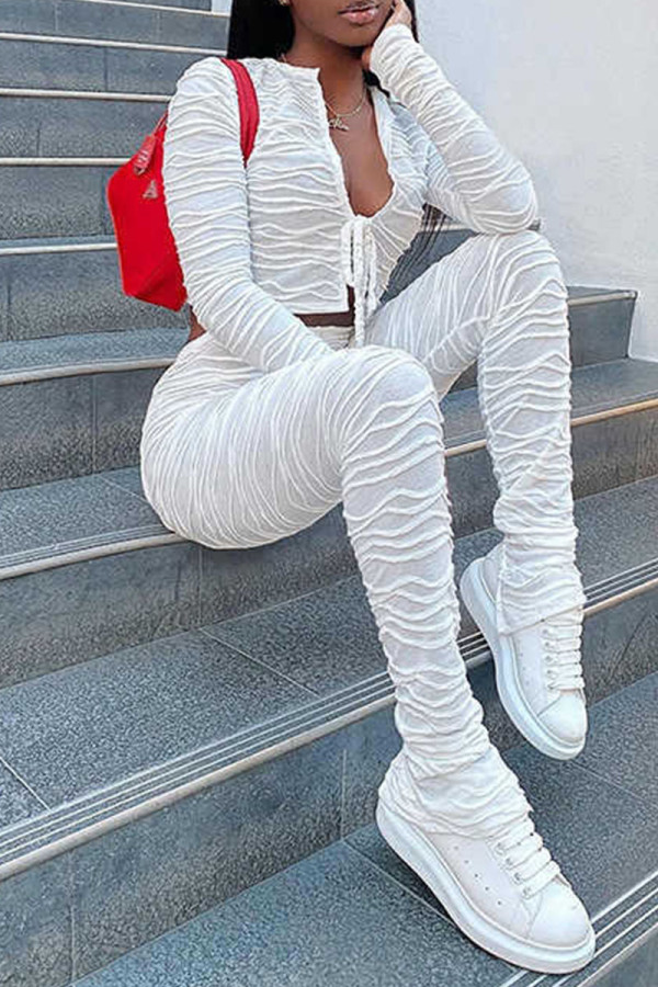 White Fashion Casual Solid Bandage V Neck Long Sleeve Two Pieces