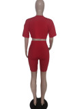 Red Casual Solid Patchwork Asymmetrical O Neck Half Sleeve Two Pieces