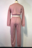 Pink Fashion Casual Solid Basic O Neck Long Sleeve Two Pieces