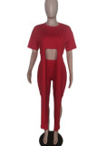 Red Casual Solid Patchwork Asymmetrical O Neck Half Sleeve Two Pieces