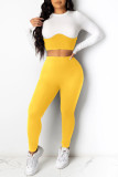 Yellow Fashion Casual Solid Patchwork O Neck Long Sleeve Two Pieces