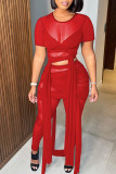 Red Sexy Solid Bandage Patchwork See-through O Neck Short Sleeve Two Pieces