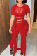 Red Sexy Solid Bandage Patchwork See-through O Neck Short Sleeve Two Pieces