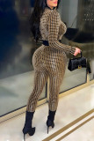 Red Casual Plaid Print Patchwork Buckle O Neck Regular Jumpsuits